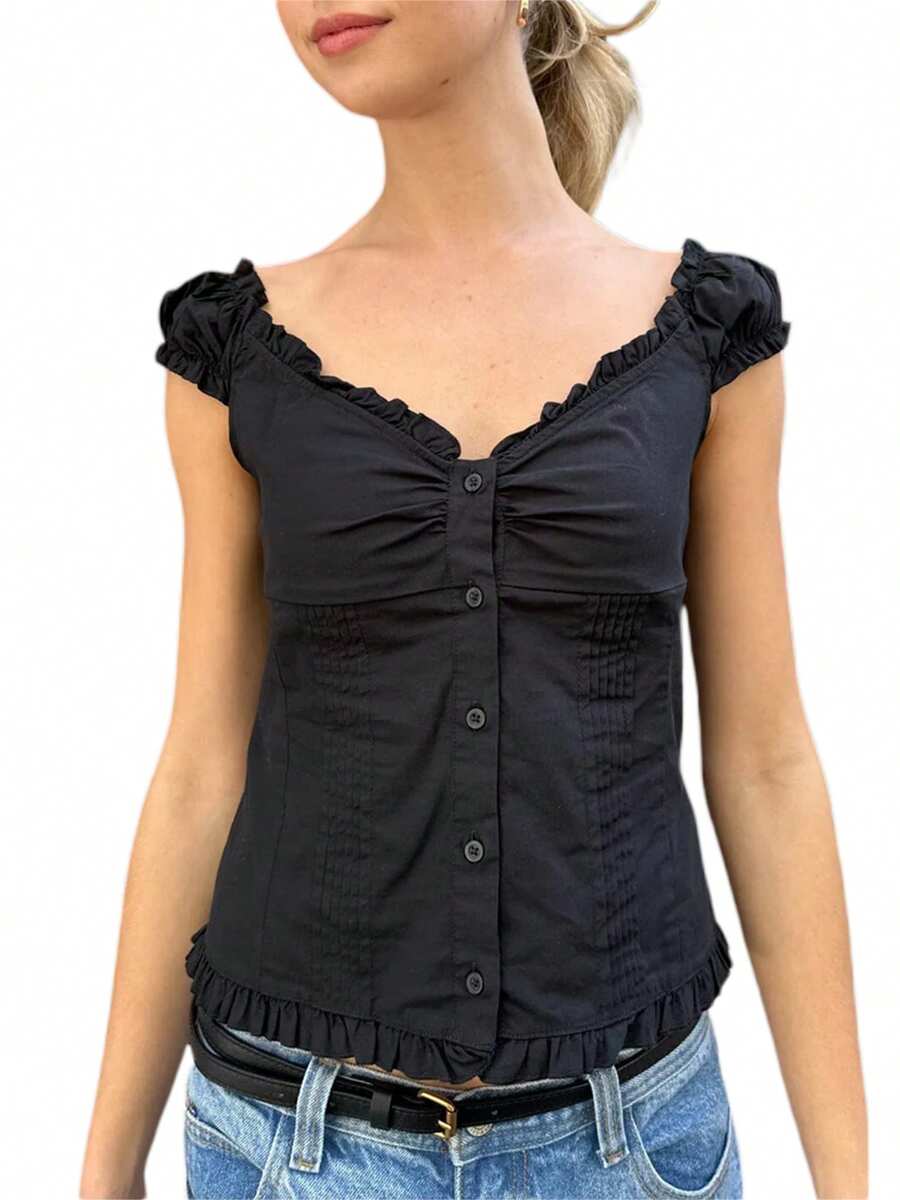 Women's Button Down Tops Fashion Cap Sleeve Solid Color Slim Fit Frill T Shirts Summer Blouses - Black - View 1