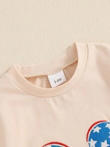 Newborn Baby Girl 4th Of July Romper Short Sleeve American Flag Bow Embroidery Bubble Bodysuit Patriotic Oversized Tshirt Tops My First Fourth Of July Outfit Summer Clothes - Khaki - View 8