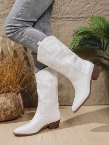 Botas de Cowgirl de Estilo Oeste para Mulheres Plus Size, Bota Cano Médio Pontuda com Salto Tratorado Bordado