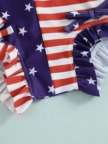 Toddler Girl Rash Guard Swimsuit 4th Of July Star Stripe Print Long Sleeve Mock Neck Ruffled Bathing Suit With Hat - Blue - View 8
