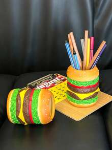 1pc Hamburger Shaped Makeup Brush Holder Pen Cup - Creative Brush Stand For Vanity Desk Travel Storage - Lightweight Plastic Organizer No Assembly Required Perfect Cute Gift For Women Men Teens Students - Multicolor - View 3