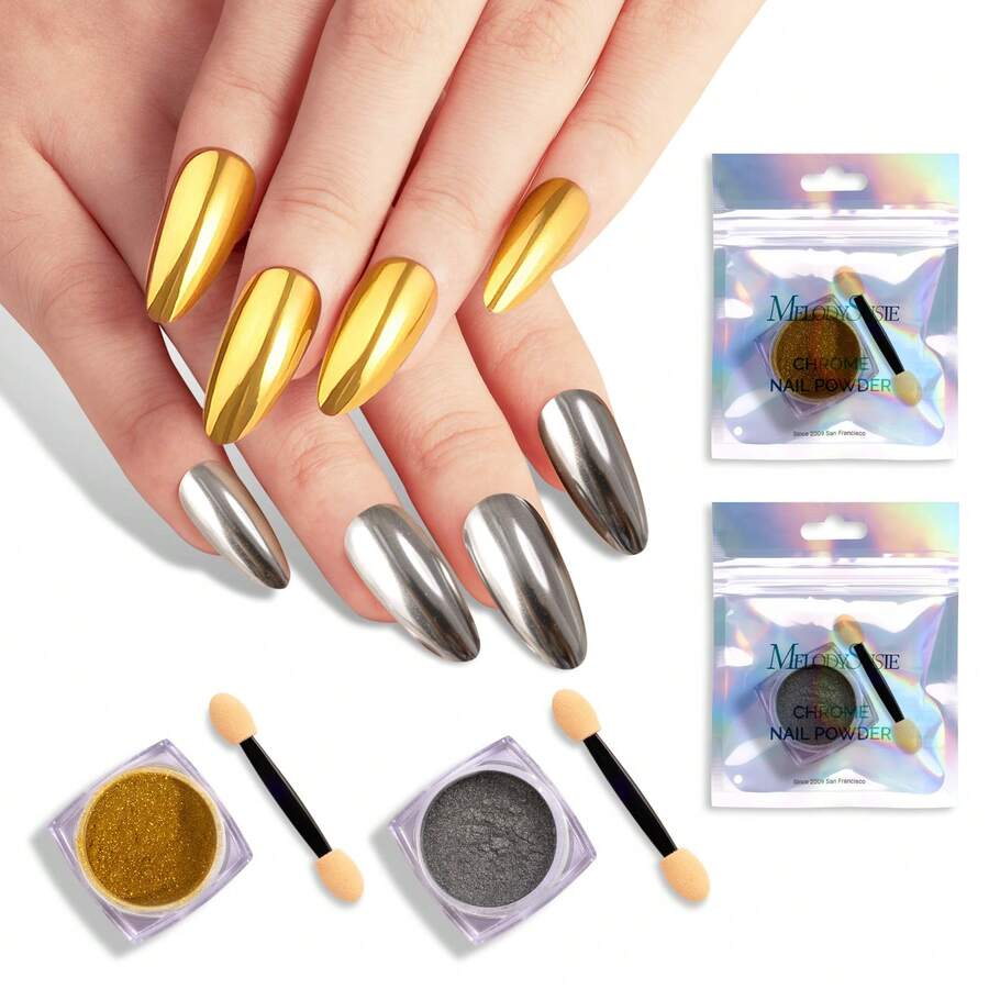 2 Jars Chrome Nail Powder Accessories Y2K Aesthetic Metallic Mirror Effect Holographic Aurora Chameleon Chrome Powder For Nail Art Gel Polish, Nail Supplies For Nails Glitter Powder Cheap - 銀與金 - 查看 1