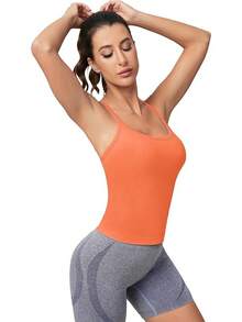 Workout Tops Women With Built In Bra, Sleeveless Gym Tops Seamless Racerback Athletic Yoga Shirts, Activewear - Orange - View 3