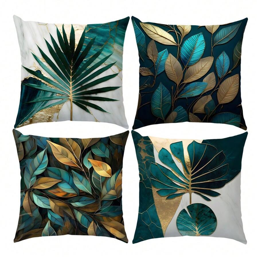 [2D Flat Printing] 4pcs 3D Green And Gold Leaf Print Pattern Pillow Covers [Without Pillow Insert], 17.7*17.7in (45*45cm), [Single-Sided Printing] Polyester Decorative Cushion Covers For Sofa, Bed, Living Room, Bedroom, Car, Office, Hotel, Room Decor, Home Decor, Bedroom Decor, All Season, Perfect Gift For Family And Friends