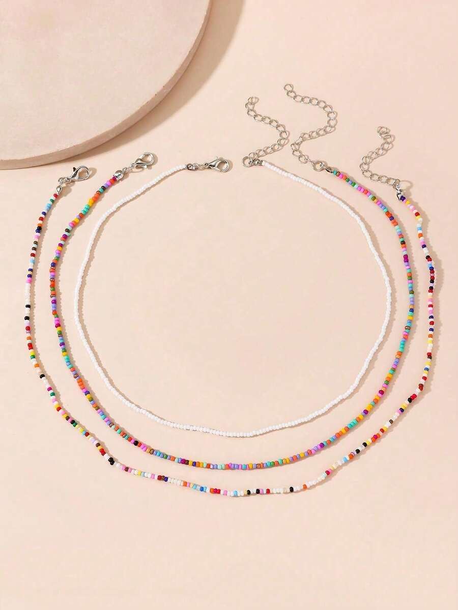 3 cái / bộ Vòng cổ đính cườm khối màu - Nhiều màu - Xem 1