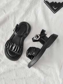 1 双女童夏季时尚凉鞋，时尚耐磨防滑休闲平底凉鞋 - 黑色 - 查看 2