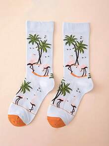 1 Pair Cartoon Palm Tree & Crane Pattern Versatile Socks, Comfortable Soft & Breathable Mid-Calf Socks - Multicolor - View 7
