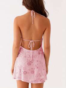 Y2k Sequin Beaded Halter Dress For Women Sexy Sparkle Backless Mini Dress Floral Embellished Rhinestone Club Dresses - Pink - View 6