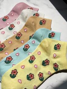 5 Pairs Women's Multicolor Floral & Heart Print Soft Breathable Daily Wear Short Socks - Multicolor - View 2