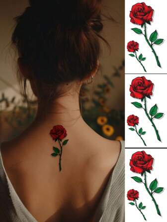 3pcs 3D Red Rose Flower Temporary Tattoo Stickers, Waterproof Fake Tattoo Lasts For 2-5 Days, Suitable For Women And Men, Cover Scars, Can Be Used On Arms, Wrists, Shoulders, Legs, Waist, Neck, Hands, Chest, Thighs, Fingers