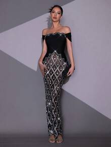 Elisanya Nouvelle robe de soirée noire sexy et luxueuse pour femmes, avec de lourds cristaux et diamants, épaules dénudées, patchwork transparent en maille serrée. Robe de demoiselle d'honneur formelle pour mariage, vacances et soirées