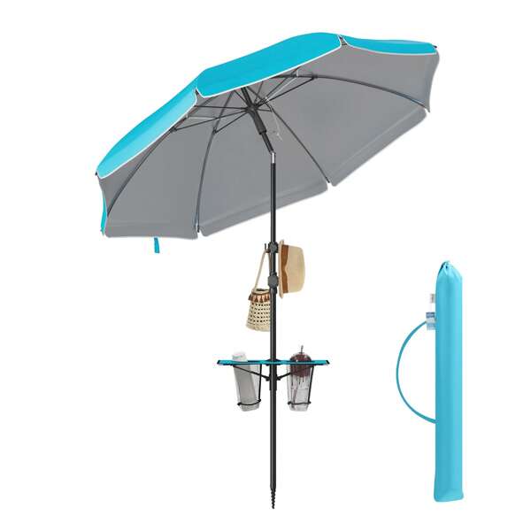 SONGMICS Ombrellone 160 cm di Diametro, Ombrellone da Spiaggia, Protezione Solare UPF 50+, Inclinabile 30°, Altezza Regolabile, con Ripiano e Gancio, per Giardino, Senza Base, Blu
