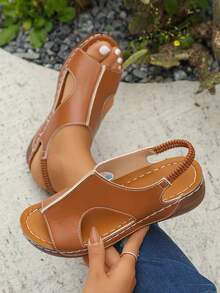 Sandalias de plataforma con cuña cómodas para exteriores y playa, estilo minimalista de talla grande, color marrón óxido, puntera redonda, para damas, tallas del 36 al 45 - Óxido marrón - Ver 3
