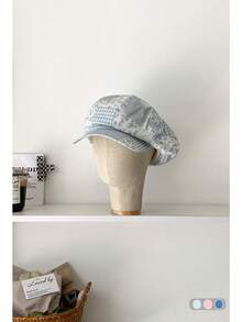 Boné octogonal xadrez vintage com cano alto, chapéu versátil para jornaleiro, design com circunferência de cabeça grande, adequado para primavera e verão, estilo artístico floral, boné de pintor xadrez fresco e simples, modelo de designer moderno, chapéu de sol feminino respirável de aba larga, casual para o verão