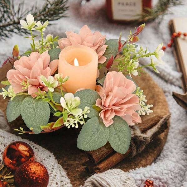 1 peça anel de vela de flor falsa, suporte de vela de plástico com flor dália de seda artificial vegetativa, guirlanda pequena flutuante de fazenda para arranjo de casamento, buquê de noiva, mesa de jantar, decoração de jardim, chá de aniversário e casamento