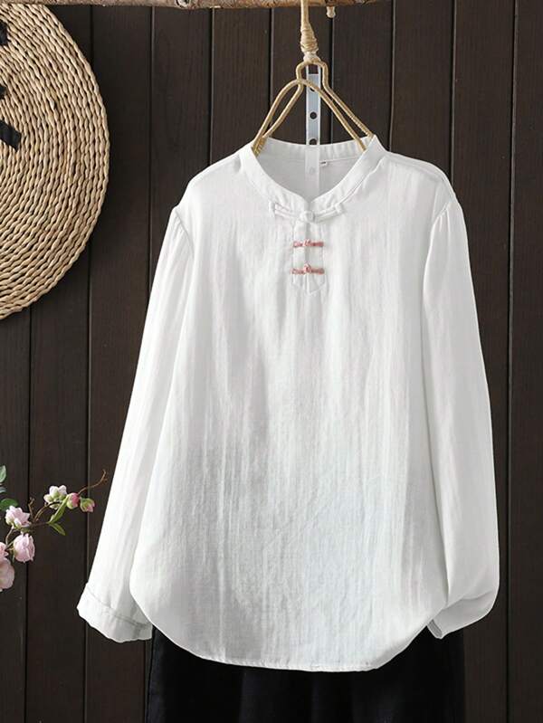 LUCIDVUE 1pc Women's Improved Chinese Tang Style White Casual Linen Shirt, Spring & Summer Stand Collar Long Sleeve, Vintage Zen Pullover