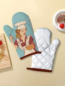 耐热烤箱手套和锅垫套装、妈妈图案卡通围裙微波炉手套、涤纶面料加厚双层隔热厨房烹饪手套和垫子、多功能家用炊具套装 - 藍色 - 查看 7