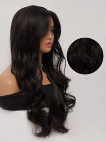 简约黑棕色长卷发假发 26 英寸蓬松透气轻盈中分刘海合成纤维假发女士日常派对假发音乐节时尚浪漫情人节假发都市时尚假发 - Black-brown - 查看 7
