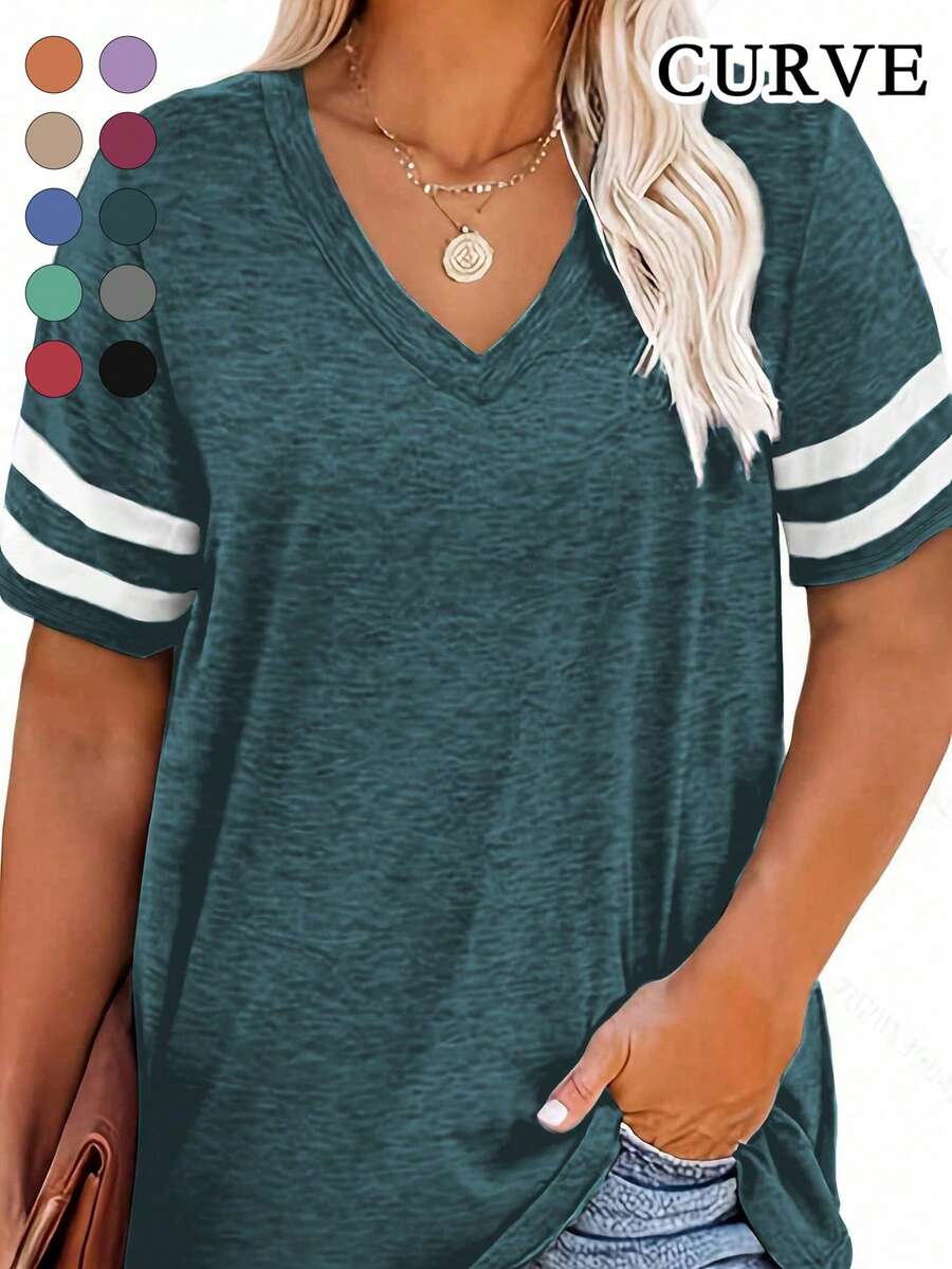 Plus Size V Neck Striped Casual Tee T-Shirt - Peacock Blue - View 1