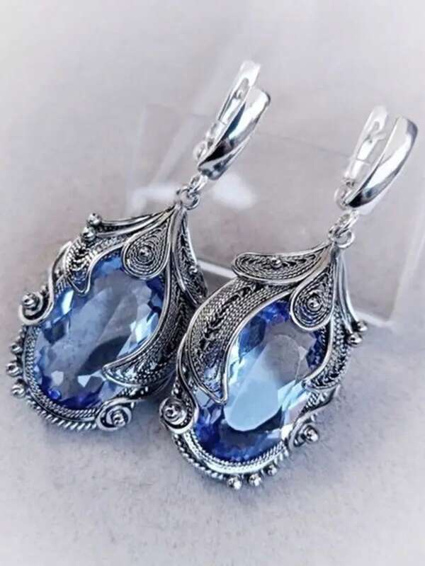 Brincos de Gota Estilo Bohemio com Incrustação de Safira em Metal Vintage Feminino