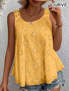 Plus 女士纯色镂空刺绣背心