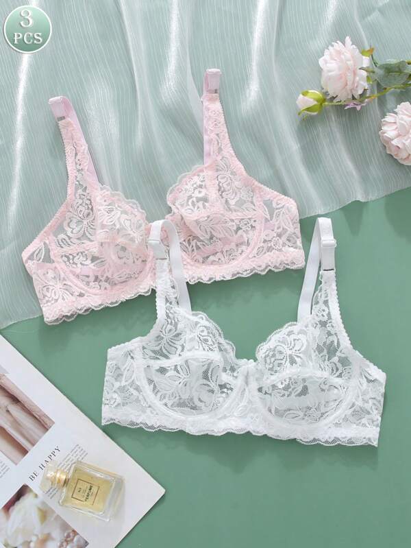 2PCS Elegant Lace Bra For Women Sexy Bra Women Push Up Bra Sheer Bra Solid Bow Sexy Lingerie For Women Underwear Underwire Unlined Bras