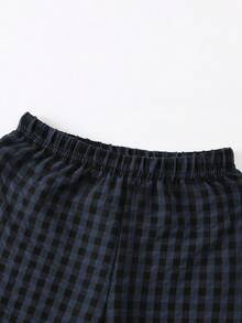 Cartoon Bear Plaid Short Sleeve Button Down Shirt And Pants Pajama Set For Young Girls - Royal Blue - View 8