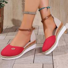 2026 Nuevos zapatos de mujer, zapatos de pescador trenzados con cuerda, sandalias de cuña huecas con hebilla de correa abierta de primavera/verano - Rojo - Ver 11