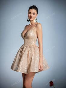 Elegant Backless Sequin Mini Dress With Delicate Spaghetti Straps - Formal Evening Gala Dress, Red Carpet Events, Luxury Wedding Guest Attire, Black-Tie Galas, And Upscale Party Wear, Prom Dress