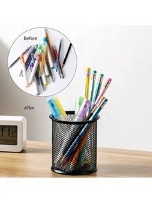 1pc/2pcs Hollow Iron Desk Organizer Pen Holder, Minimalist Student Stationery Multi-Function Office Supplies Pencil Box - Black - View 5