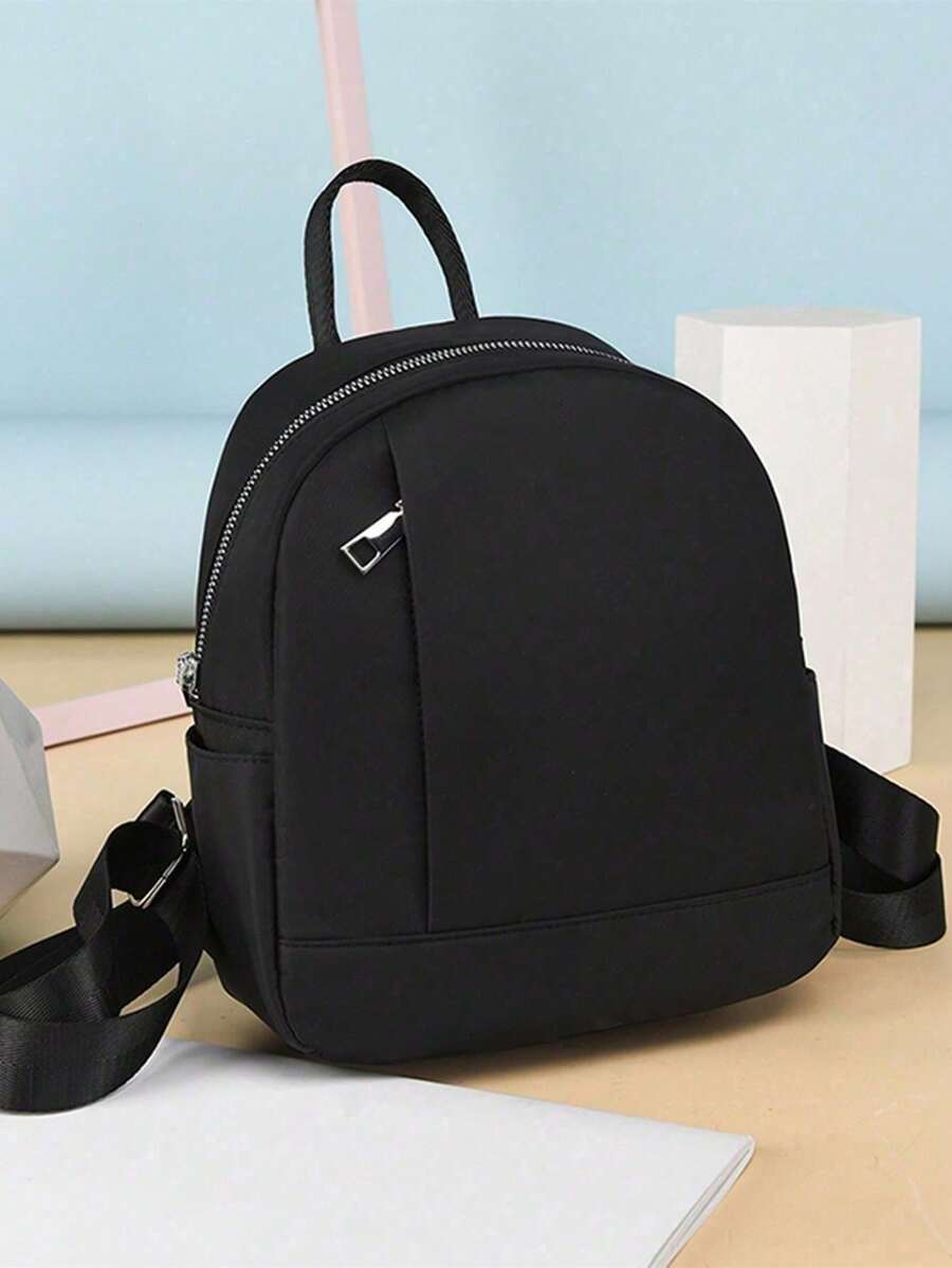 Small Minimalist Nylon Women's Backpack, Classic Solid Color College Style Bag With Multiple Pockets, School Backpack - Black - View 1