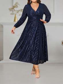 Plus Size Women Christmas Cross V Neck Pleated Midi Dress Ladies Long Sleeve Stretch Xmas Party Sexy Elegant Evening Cocktail Ball Gown - Navy Blue - View 6