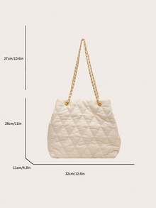 Large Capacity Fashion Tote Bag With Quilted Embroidery, Soft Padded, Winter Chain Strap Shoulder/Crossbody Bag For Women - White - View 10
