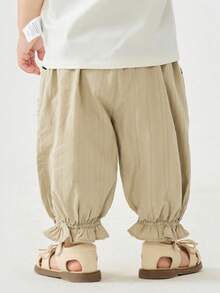 mini bala Girls' Long Pants Children's Soft Breathable Sweet Ruffled Flower Pants - Dark Khaki - View 3