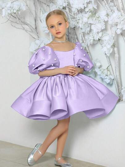 小女孩珍珠泡泡袖蝴蝶结派对浅紫色连衣裙，优雅公主裙适合女孩生日派对、圣诞派对、婚礼、花童、节日庆典