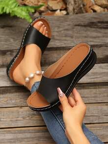 Elegant Women's Wedge Shaped Slippers And Sandals, Buckle Decoration Outdoor Sandals, Fashionable, Comfortable, Elegant, Casual, Beach, Wedge Shaped, Thick Soled Sandals, Plus Size - Black - View 1