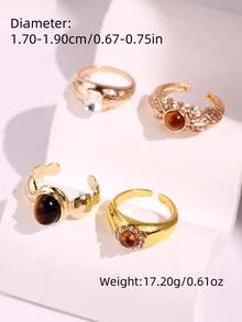4 件套优雅奢华复古高端虎眼锆石镶嵌戒指套装，女士节日礼物派对珠宝，百搭日常佩戴配饰 - 彩色 - 查看 10