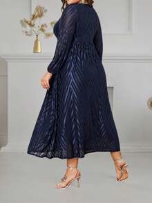 Plus Size Women Christmas Cross V Neck Pleated Midi Dress Ladies Long Sleeve Stretch Xmas Party Sexy Elegant Evening Cocktail Ball Gown - Navy Blue - View 3