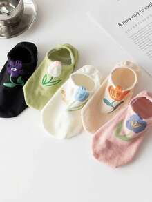 5 Pairs Of Women's Ankle Socks Comfortable Breathable Non-Slip Casual Floral Invisible Socks, Suitable For All Seasons And Home&Everyday Outfits - Multicolor - View 11