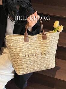 Large Capacity Casual Vacation Straw Tote Bag, Minimalist Elegant Women Shoulder Handbag, Hottest Beach Bags For Women, Fashion Summer Vacation Bag, Beach Essentials Women Bags For Vacation & Holiday, Newest Holiday Bag , Summer - Coffee Brown - View 4