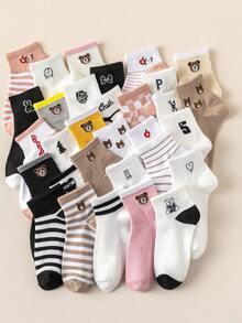 5/10 Pairs/Bags For Women, Spring And Summer, Thin, Breathable, Sweat-Absorbent, Bear Pattern, Suitable For Dating Parties, Girls, Students, Cute, Japanese Style, Sports Shoes, White Shoes, JK Outfit Socks - Multicolor - View 2