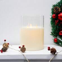 3 Wick Flameless Glass Candle, Glass Cylinder LED Candle With 6-Hour Timer Function Electric Candles Battery Table Candle For Decoration Table Living Room Bedroom Garden (White, Large) - White - View 8