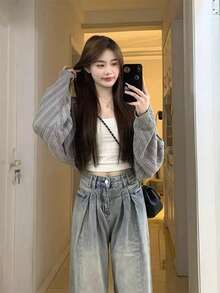 女士宽松落肩长袖轻薄开衫 - 灰色 - 查看 6