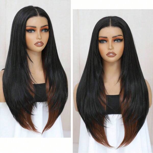 Pelucas sintéticas con encaje frontal de cabello lacio con capas largas de 26 pulgadas, color natural 1B, lista para usar sin pegamento ni cortar, para principiantes, lista en 3 segundos