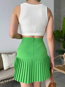 Solid Color Casual Pleated Holiday Mini Skirt, Woven Fabric - Green - View 4
