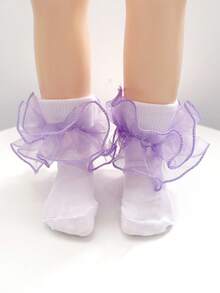 1 双女童荷叶边下摆中筒袜，适合日常基本搭配 - 紫色 - 查看 2