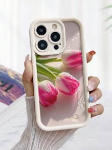 Flower Phone Case Tulip Flower Painted Grooved Beige Print Protective Phone Case, Fits & Galaxy Models