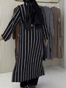 Women Long Striped Button-Front Arabic Style Tunic,Modest - Black - View 8