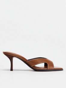 Women's Mule Style Plastic Square Toe High Heel Sandals, New Arrival Summer - Brown - View 4