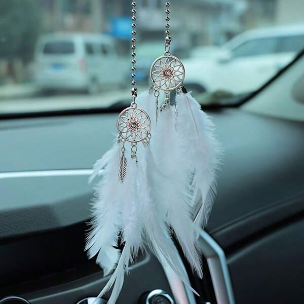 1 Piece Handmade Feather Dreamcatcher Car Charms - Metal Beads And Feathers, Romantic Car Interior Accessories, Beautiful And Fashionable Car Decoration Accessories, Embellish The Car Life, Shape A Certain Sense Of Atmosphere